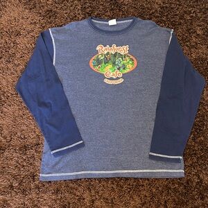 Vintage RAINFOREST CAFE Navy and Heather Blue Long Sleeve Tee.